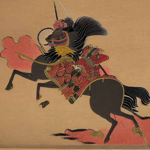 Prompt: a shogun going into battle pointing his sword up in the air screaming for victory as his horse leaves behind a trail of fire, nihonga style, highly detailed, high quality, 8 k, coherent