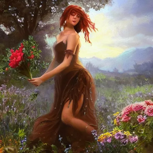 Prompt: a beautiful oil painting of Circe the witch picking up flowers, detailled, HD, realistic