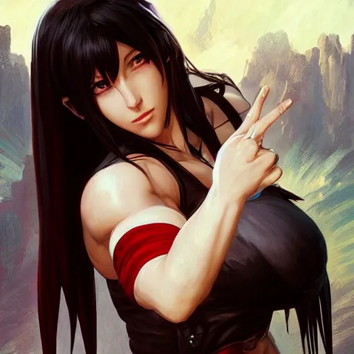 Prompt: Tifa from FF7R, D&D, fantasy, highly detailed, digital painting, artstation, smooth, sharp focus, illustration, art by artgerm and greg rutkowski and alphonse mucha