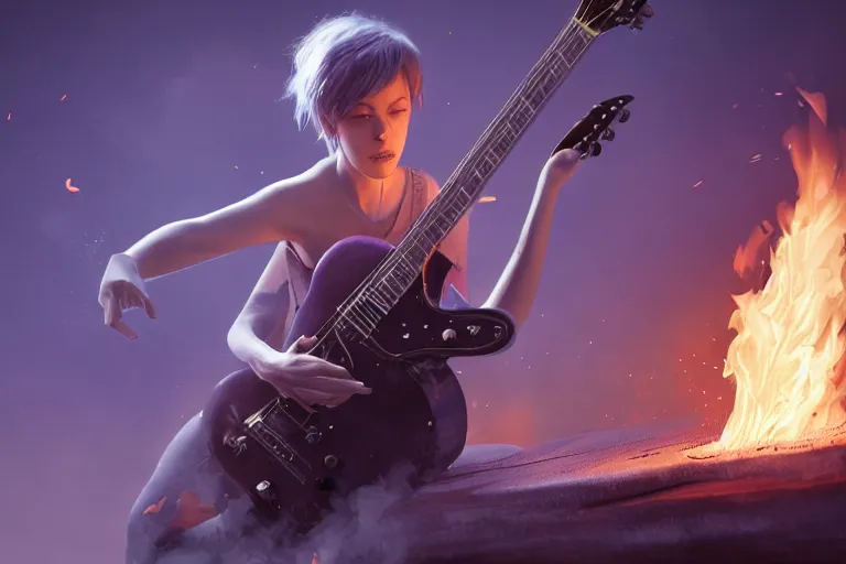 Image similar to An awesome image of a short-haired, lilac-eyed girl with a guitar spewing fire, trending on Artstation, 8k, photorealistic, hyper detailed, unreal engine 5, IMAX quality, cinematic, epic lighting, in the style of Greg Rutkowski