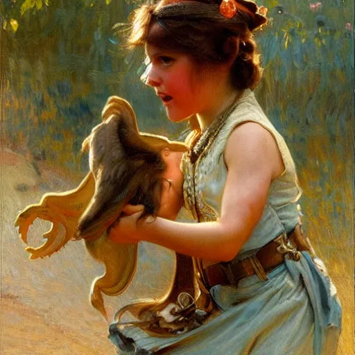 Prompt: a young girl fighting a primal predator, highly detailed painting by gaston bussiere and j. c. leyendecker 8 k