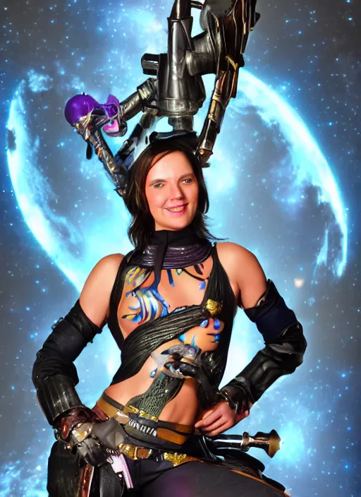 Image similar to iridescent bodypaint on a swashbuckling space pirate, she is wearing a futuristic space bounty hunter clothes, digital art