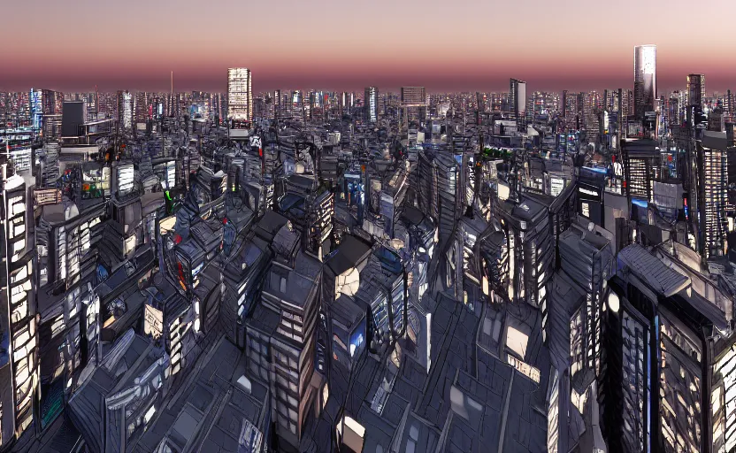 Image similar to unreal engine 5 hdr render of tokyo city from a rooftop view, sunset lighting, hyper realism, realistic shading, cinematic composition, blender render, octane render, hdr, detailed textures, photorealistic, ultrawide shot, 1 6 mm lens