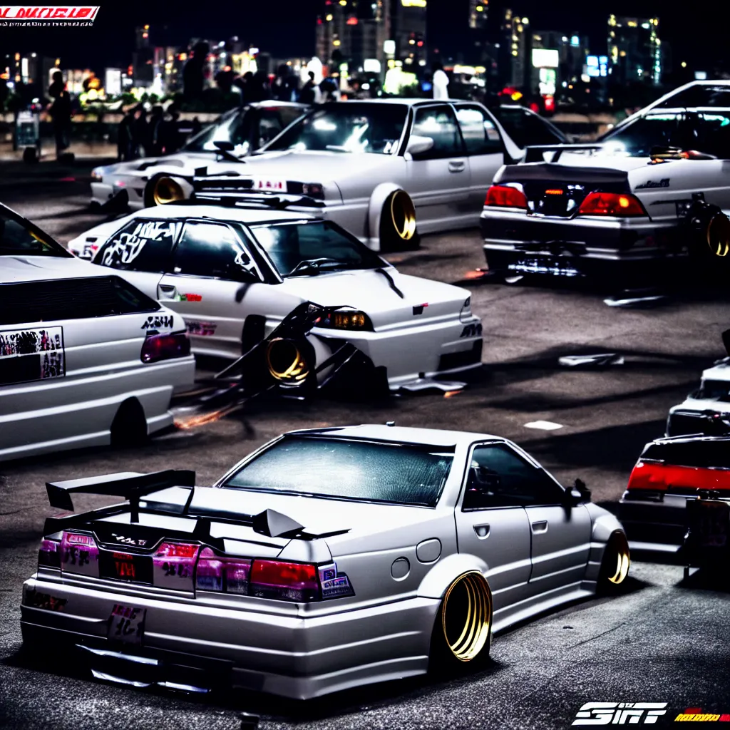 Image similar to a car JZX100 twin turbo drift at illegal car meet, Shibuya prefecture, city midnight mist lights, cinematic lighting, photorealistic, detailed alloy wheels, highly detailed