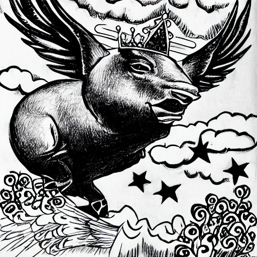 Image similar to black and white ink drawing of a flying pig with wings wearing a gold crown in the sky 8k