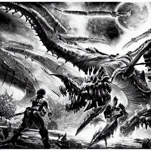 Prompt: sci - fi monster hunter, hyperdetailed, bw art by shinya tsukamoto