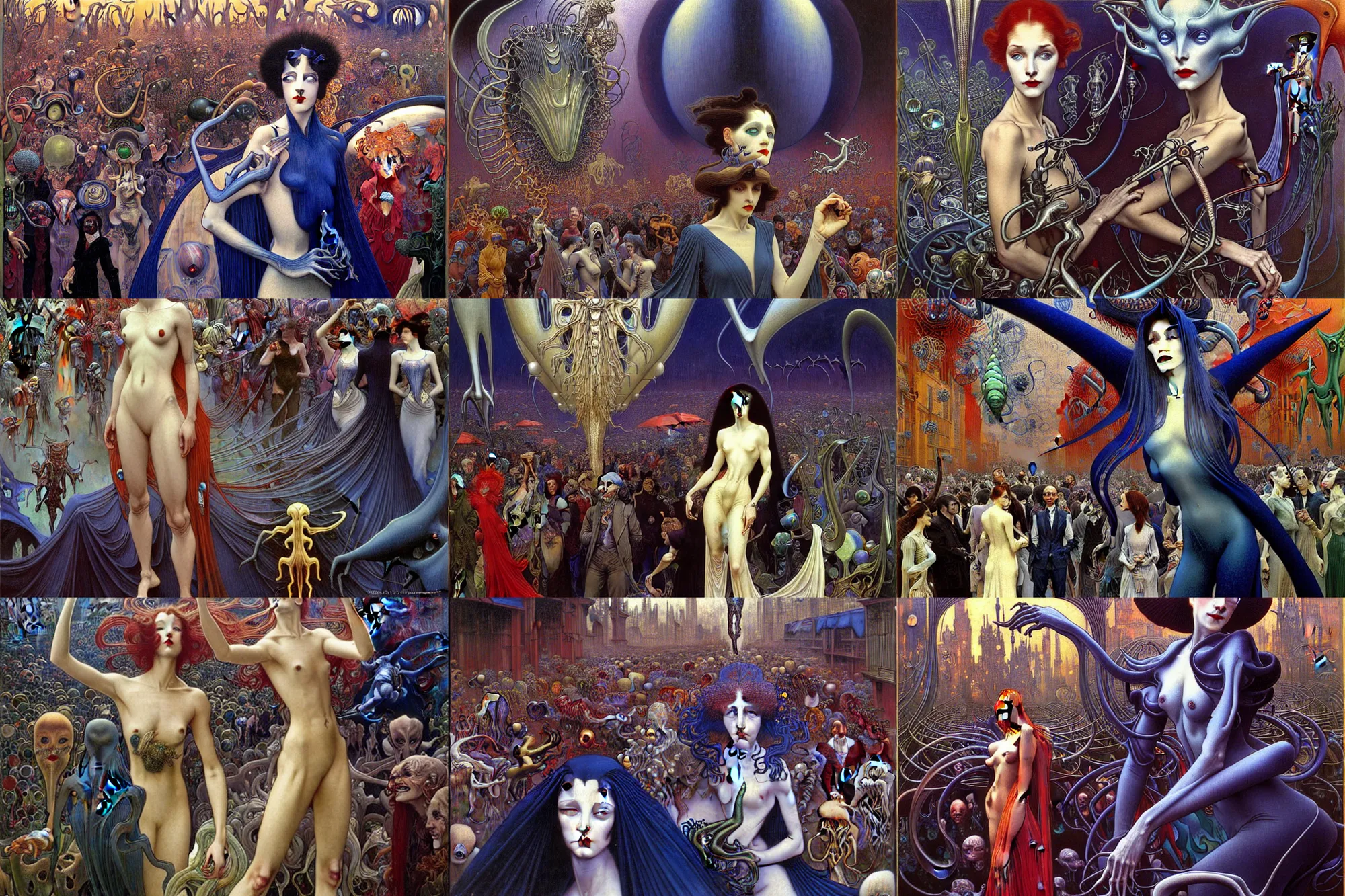 Prompt: realistic extremely detailed portrait painting of an elegant vampire in a crowded futuristic street, detailed alien crowd by Jean Delville, Amano, Yves Tanguy, Alphonse Mucha, Mark Brooks, Ernst Haeckel, Edward Robert Hughes, Roger Dean, rich moody colours, blue eyes