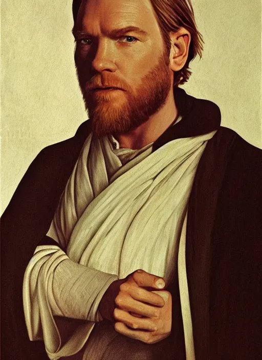 Image similar to Beautiful half body portrait of Ewan McGregor's Obi-Wan Kenobi, intricate, elegant, digital painting, ilustratiom, artwork by Vermeer and alphonse mucha