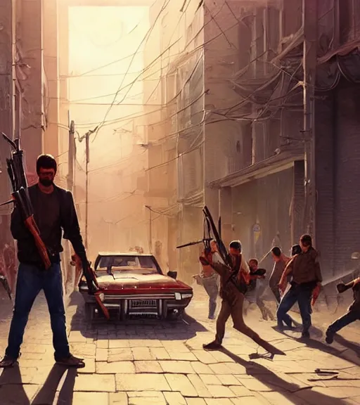 Image similar to highly detailed painting of iranian revolution in gta v, stephen bliss, unreal engine, fantasy art by greg rutkowski, loish, rhads, ferdinand knab, makoto shinkaib and lois van baarle, ilya kuvshinov, rossdraws, tom bagshaw, global illumination, radiant light, detailed and intricate environment