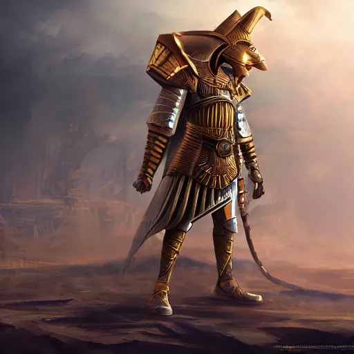 Image similar to pharaoh with armor on, steampunk, concept art, masterpiece, digital art, ultra detailed, sharp focus, cinematic lighting, 8 k hd resolution