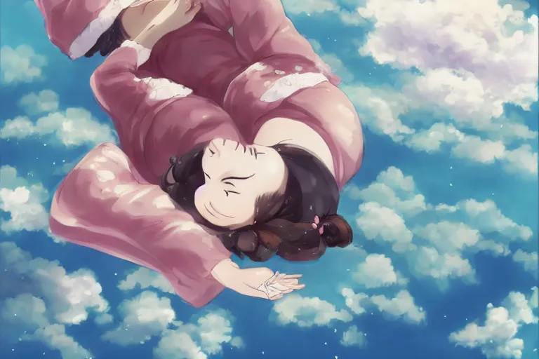 KREA - a cute beautiful anime girl sitting on a cloud relaxing