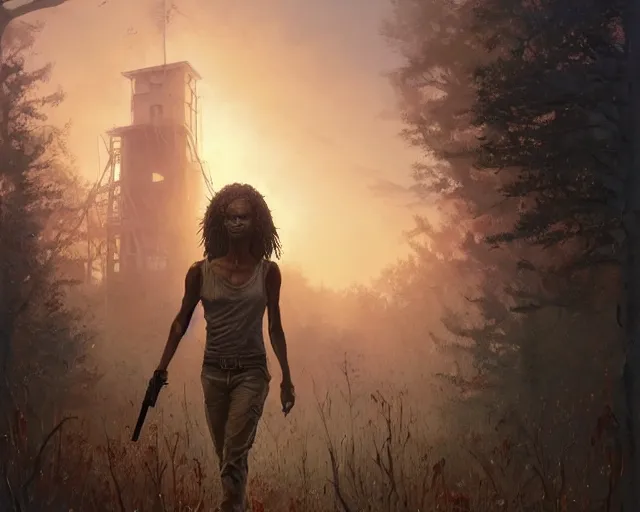 Image similar to highly detailed portrait of thandie newton in the walking dead, stephen bliss, unreal engine, fantasy art by greg rutkowski, loish, rhads, ferdinand knab, makoto shinkai and lois van baarle, ilya kuvshinov, rossdraws, tom bagshaw, global illumination, radiant light, detailed and intricate environment