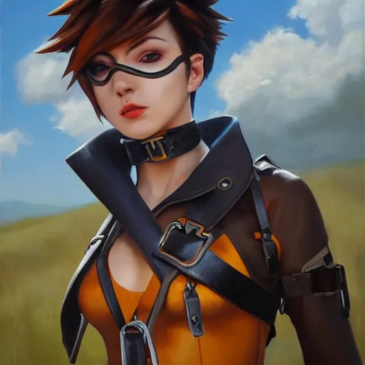 Image similar to oil painting of tracer overwatch in a field wearing very large black leather belt choker collar around neck, in style of mark arian, expressive face, very detailed face, very detailed eyes, belt around neck, full body, feminine face, tracer overwatch,