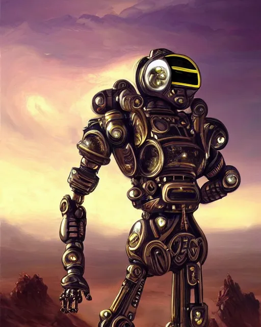 Prompt: a beautiful oil on canvas of a futuristic afrofuturisticb robot soldier, ornate, detailed, intricate, beautiful post - @ pocalyptic landscape in the background, epic sky, vray render, artstation, deviantart, pinterest, sci - fi, afrofuturism, 5 0 0 px models