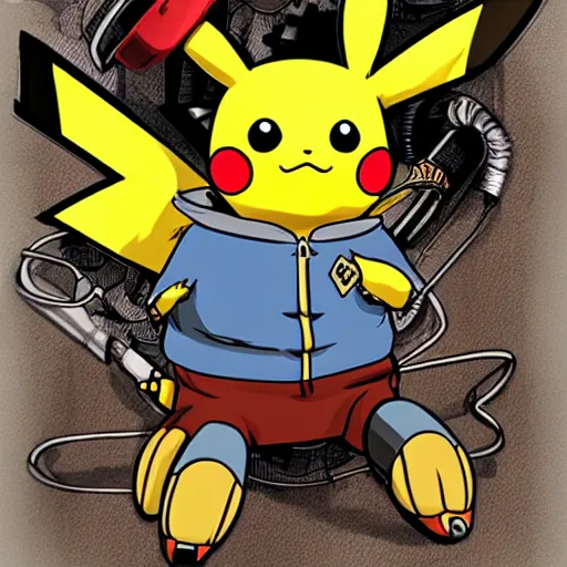 Image similar to Pikachu fighting a robot, steampunk art style, highly detailed, hyper realistic