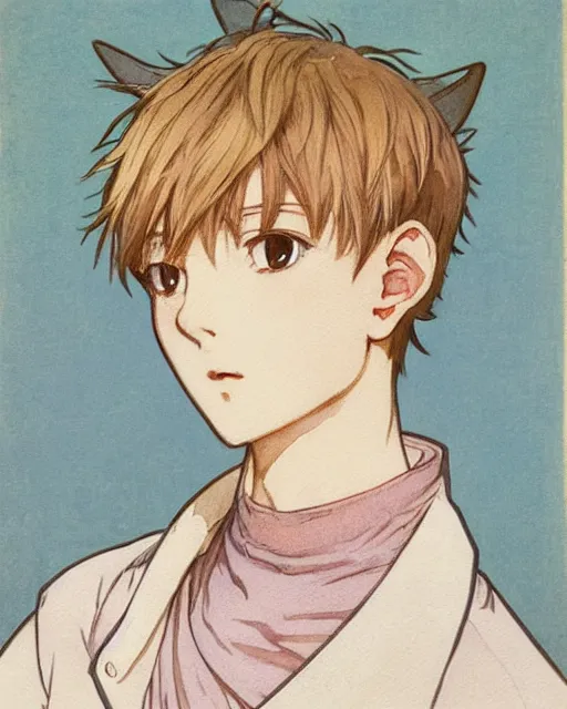 Prompt: A watercolor frontal portrait of a beautiful anime skinny catboy with short cream colored hair and fennec ears on top of his head wearing a white sweater looking at the viewer, elegant, delicate, soft lines, higly detailed, smooth , pixiv art, ArtStation, pink hue, artgem, art by alphonse mucha charles reid mary cassatt and shirow masamune, high quality