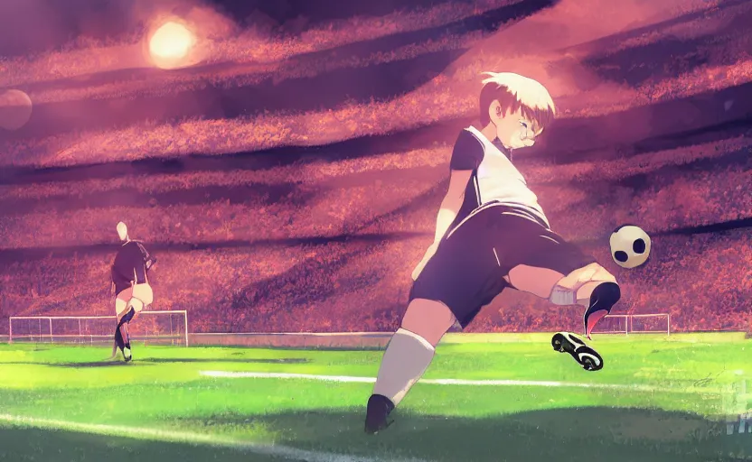 Image similar to An obese goal keeper saving a penalty, soccer game, anime scenery by Makoto Shinkai, digital art