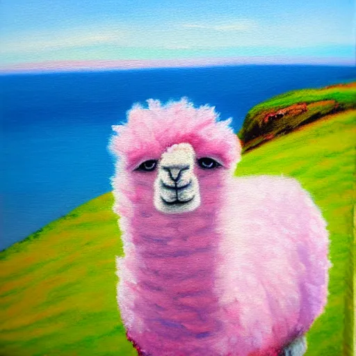 Image similar to fluffy pink alpaca on a cliff, oil painting