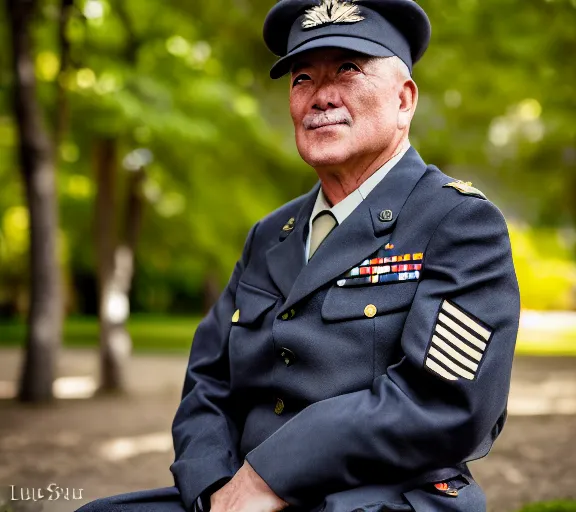 Prompt: 5 5 mm portrait photo of a military admiral with shiba inu face, in a park by luis royo. soft light. sony a 7 r iv