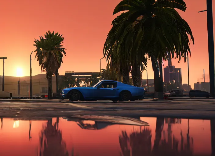 Image similar to still next - gen ps 5 game grand theft auto 6 2 0 2 4 remaster, graphics mods, rain, red sunset, people, rtx reflections, gta vi, miami, palms and miami buildings, photorealistic screenshot, unreal engine, 4 k, 5 0 mm bokeh, close - up ford mustang, gta vice city remastered, artstation