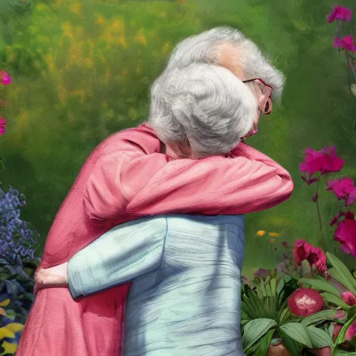 Prompt: A photo 95-year-old lady hugging her 75-year-old daughter in a garden, concept art, trending on art station, 4k, 8k, high detailed