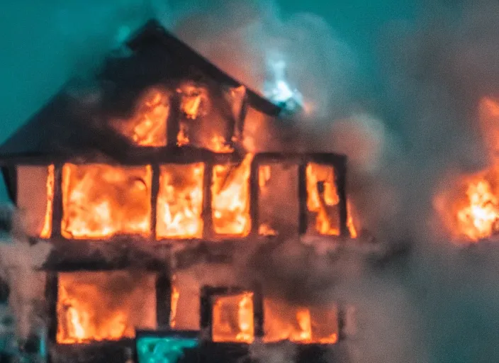 Image similar to dslr photo still of a house on fire under the water under water at the bottom of the ocean with lots of bubbles and light rays, 8 5 mm f 1. 8