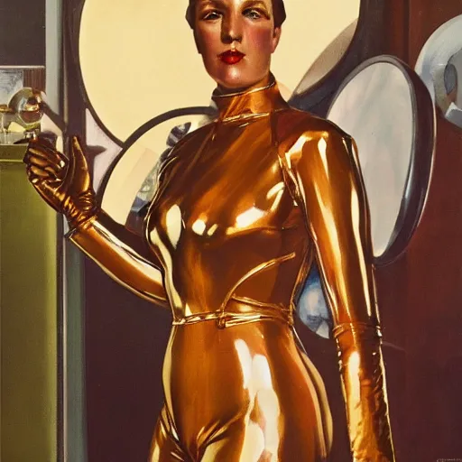 Image similar to closeup painting of uncannily beautiful aristocrat wearing latex and bronze catsuitand face paint inside bronze art deco arcology, science fiction by j. c. leyendecker