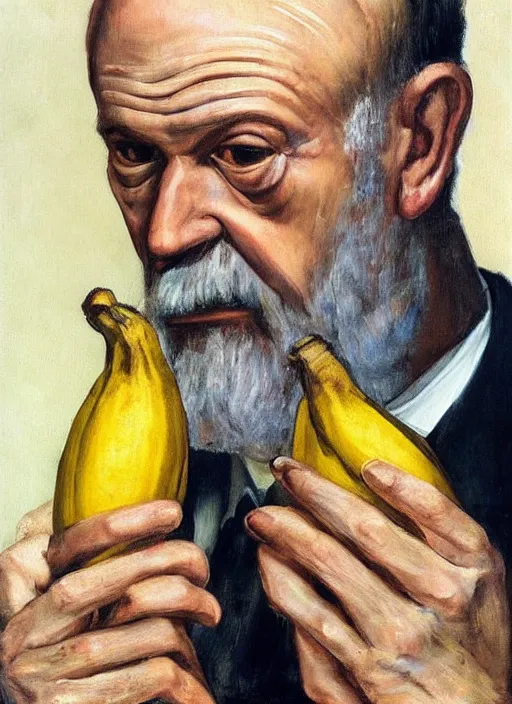 Image similar to “portrait of sigmund freud holding and looking at a single banana, one banana, by Lucian freud, Freudian, visible brush strokes, in oil”