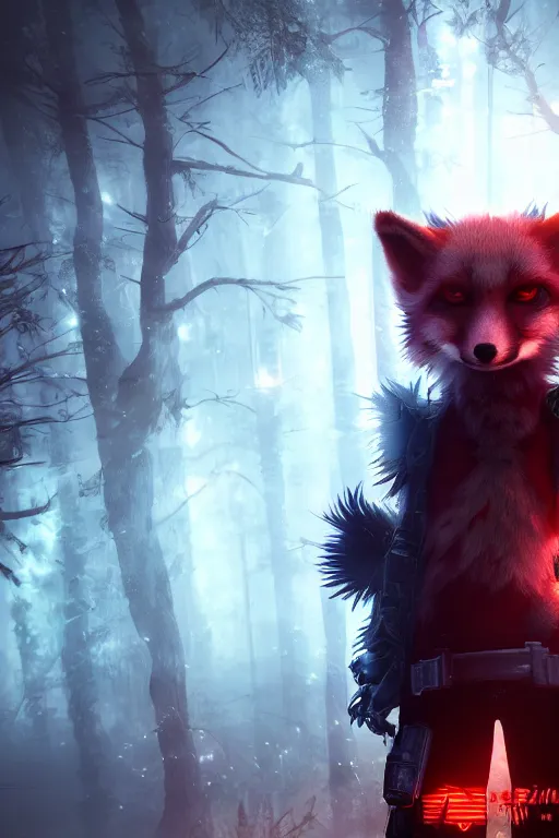 Prompt: a cyberpunk anthropomorphic fox with a fluffy tail in a forest, backlighting, cgi, rendered in unreal engine, trending on artstation