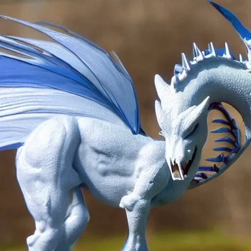 Image similar to white dragon with a blue neck mane, 2 grey horns from a 3/4ths angle