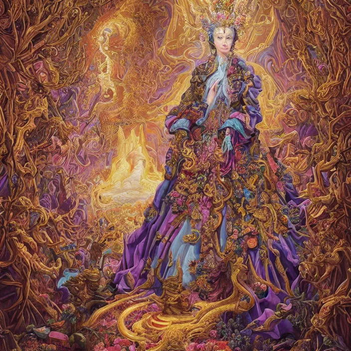 Image similar to beautiful oil painting, full length portrait of dauphinois in baroque coronation robes 1701, Dan Mumford, Dan Mumford, Alex grey, highly detailed , lsd visuals, dmt fractal patterns, hallucinogen, visionary art, psychedelic art, ornate, vaporwave, baroque, Greg rutkowski