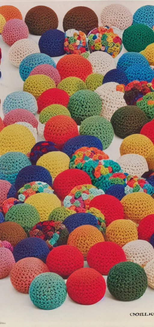 Prompt: multicolored crocheted blobs and pieces, 1 9 8 0 s catalogue photo