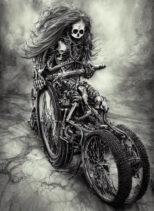 Image similar to portrait, Long haired biker skeleton in a wheelchair, has tattoos, watercolor, dramatic lighting, cinematic, establishing shot, extremely high detail, foto realistic, cinematic lighting, pen and ink, intricate line drawings, by Yoshitaka Amano, Ruan Jia, Kentaro Miura, Artgerm, post processed, concept art, artstation, matte painting, style by eddie mendoza, raphael lacoste, alex ross