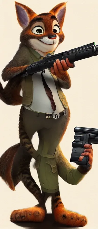 Image similar to “ animal character in the style of zootopia holding laser gun, floating alone, with a black dark background, digital art, award winning, trending on art station ”