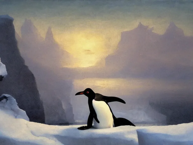 Image similar to an oil painting of a penguin playing in pure white snow on a misty iceberg at dusk. aurora. by tuomas korpi moebius and carl spitzweg. baroque elements. intricate artwork by caravaggio. oil painting. oil on canvas. award winning. dramatic. trending on artstation. 8 k