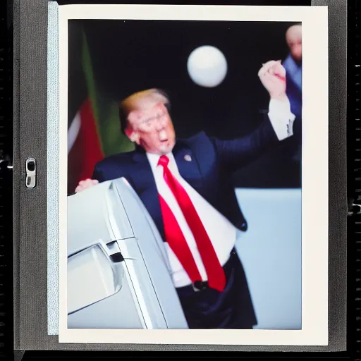 Prompt: Trump throwing fridge on Vladimir Putin, realistic photo, 50mm, polaroid