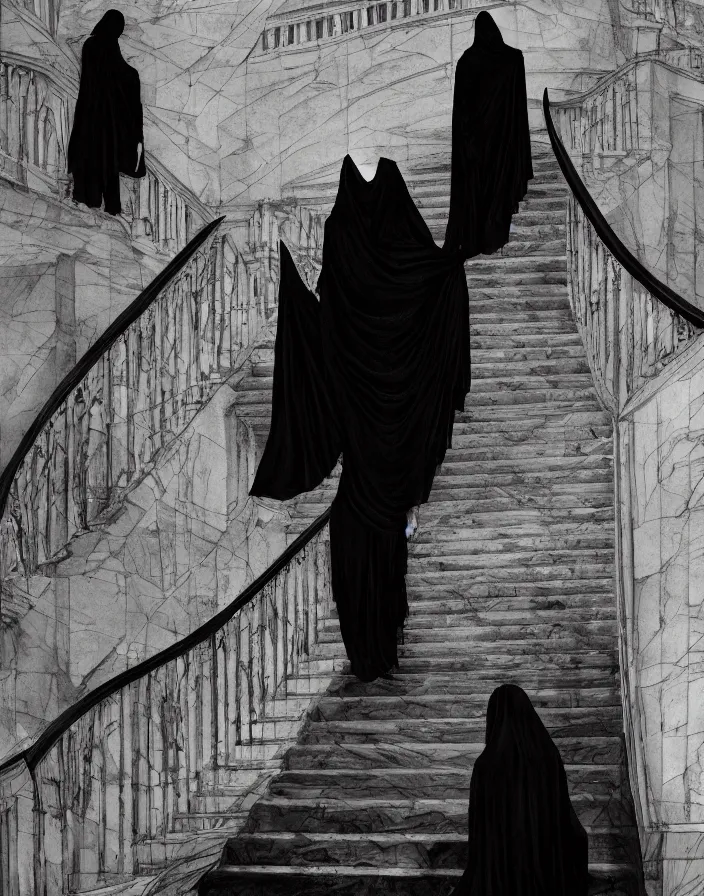 Image similar to several ritualistic figures shrouded in a long trailing dark black opaque gown, descending in tandem down a giant marble staircase in a dark room, photorealism, hyperrealism, harsh lighting, dramatic lighting, medium shot, serious, gloomy, foreboding, cinematic, creepy