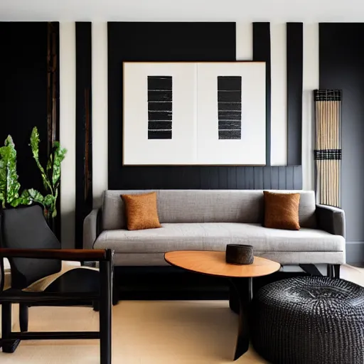 Image similar to lounge and dining room, stone, interior design, stylish luxury hotel living room design, yakisugi, black vertical slatted timber, textures, feminine, black walls, art, Japanese pottery vase with flowers, kakejiku, seasonal, Japanese influences