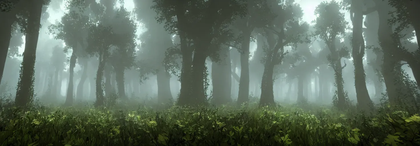 Image similar to enchanted magical mysterious forest, parallax layer from a gorgeous indie platform game, on a white background, intricate, highly detailed, volumetric fog, masterpiece