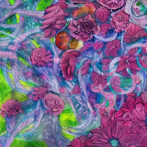 Image similar to Mixed media art. This illustration is a large canvas, covered in a wash of color. In the center is a cluster of flowers, their petals curling and twisting in on themselves. The effect is ethereal and dreamlike, and the overall effect is one of serenity and peace. by Toyo Ito robust