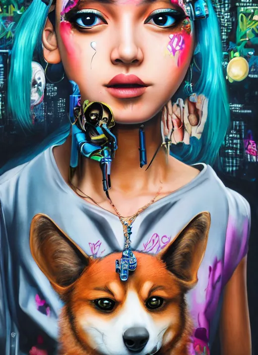 Image similar to beautiful portrait painting of an attractive hiphop graffiti cyberpunk princess girl and her corgi, by Afarin Sajedi, Alessandro Barbucci, Alex Gross, Shin Jeongho, Shohei Otomo. trending on Artstation, 8k, masterpiece, face enhance, graffiti paint, fine detail, full of color, intricate detail, golden ratio illustration