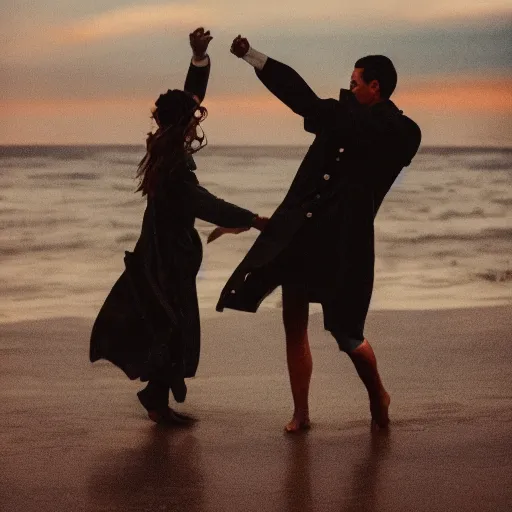 Image similar to weathered color photo of a man and woman both wearing trenchcoats, dancing together on a beach during cloudy weather at night, very dark