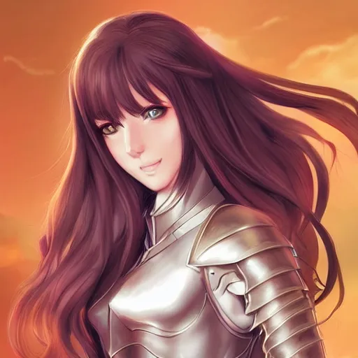 Image similar to a portrait of an attractive knight female anime character with long hair, artgerm