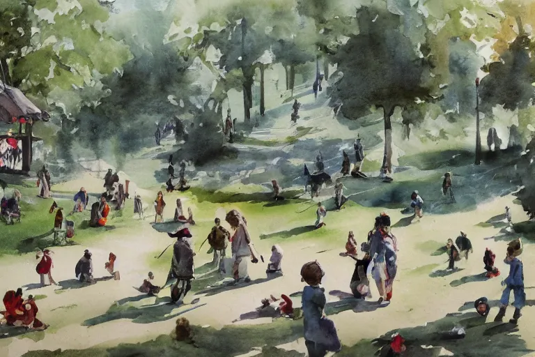 Prompt: Busy day at the park, high quality watercolors, award winning, trending on ArtStation