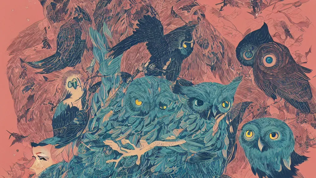 Prompt: ilya kuvshinov, mcbess, rutkowski, victo ngai, james jean, watercolor illustration of owls flying at night, colorful, mural, deep shadows, astrophotography, highly detailed