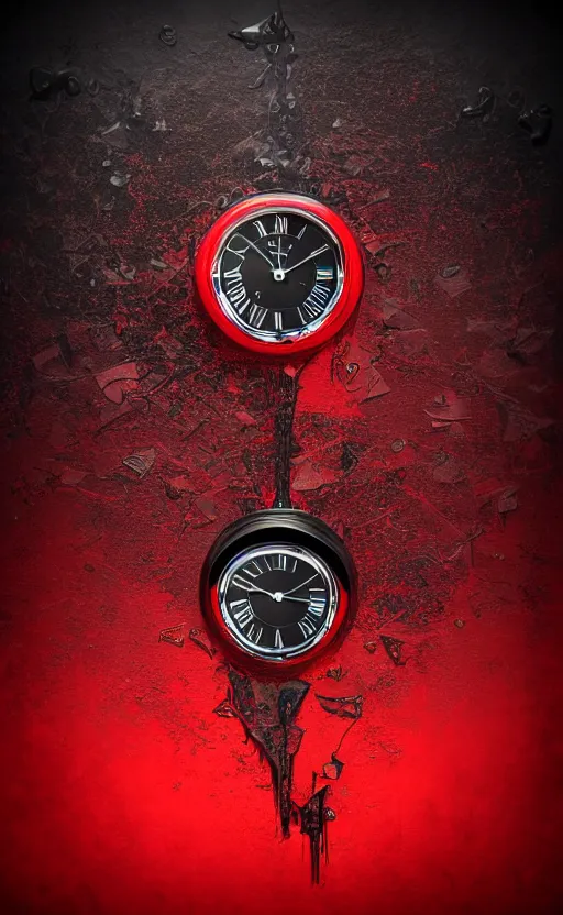 Image similar to a melting Roman numeral clock, behind a red and black gradient background, awith a black heart shaped on the top left corner and a black diamond card shape in the bottom right corner, dynamic lighting, photorealistic fantasy concept art, trending on art station, stunning visuals, cinematic, creative, ultra detailed