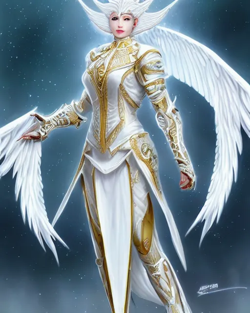 Image similar to perfect white haired egyptian goddess wearing white dove wings, warframe armor, regal, attractive, ornate, sultry, beautiful, dreamy, half asian, pretty face, blue eyes, detailed, scifi platform, 4 k, ultra realistic, epic lighting, android body, illuminated, cinematic, masterpiece, art by akihito tsukushi, voidstar, artgerm