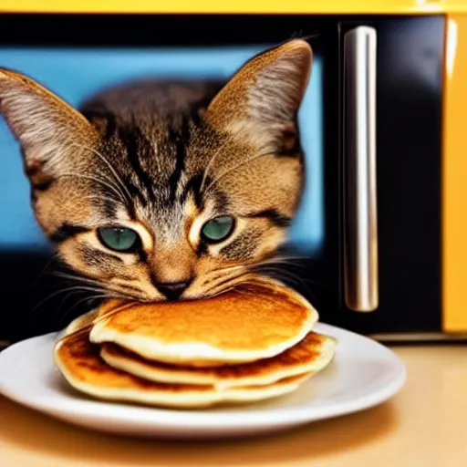 Image similar to a really cute cat eating pancakes on a microwave, photograph