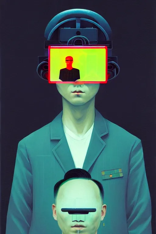 Image similar to north korean hacker wearing oculus and digital glitch head edward hopper and james gilleard zdzislaw beksisnski higly detailed