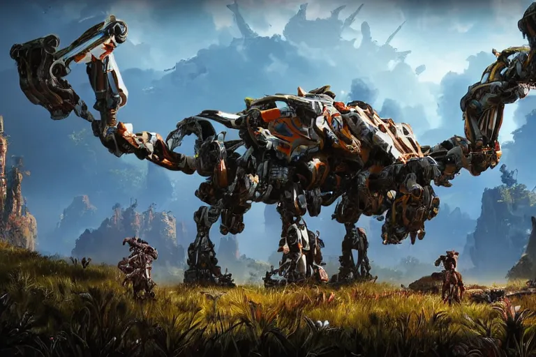 Image similar to thunderjaw machine mecha animal beast robot of horizon forbidden west horizon zero dawn bioluminiscence global illumination ray tracing hdr fanart arstation by sung choi and eric pfeiffer and gabriel garza and casper konefal